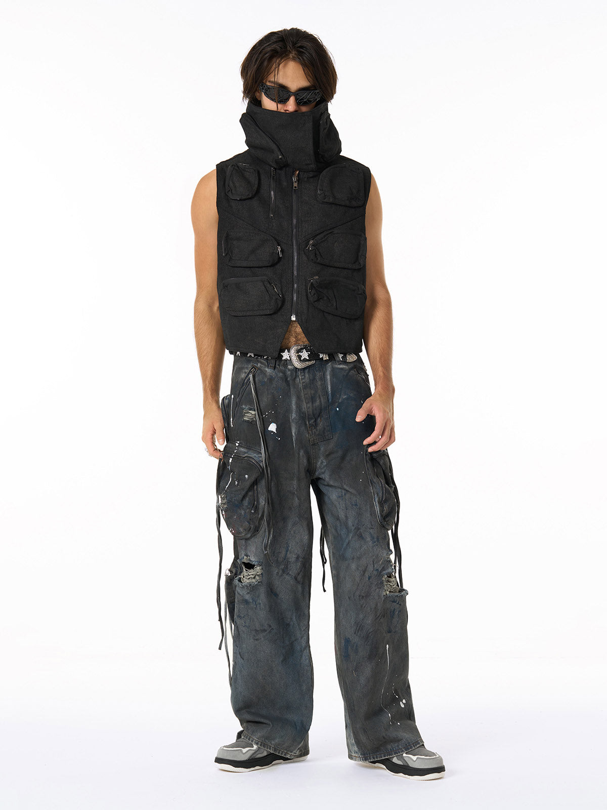 Heavy Dirty Dyed Multi-Pocket Drawstring Work Jeans