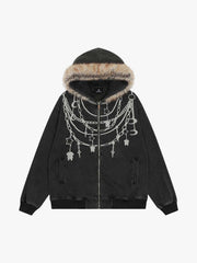 Retro Chain-Decorated Washed Fur Collar Hooded Jacket