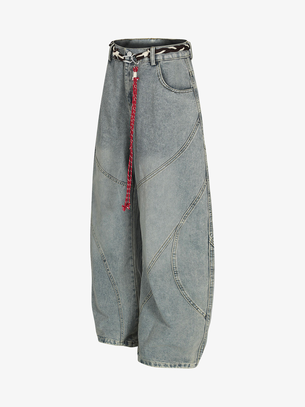 Denim Retro Belt Detail With Patchwork Barrel Jeans