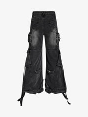 Vintage Washed Distressed Lace-up Cargo Flare Jeans