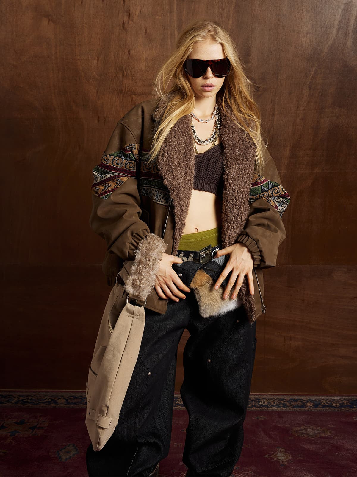 Vintage Leather and Sherpa Patchwork Webbing Cotton Jacket
