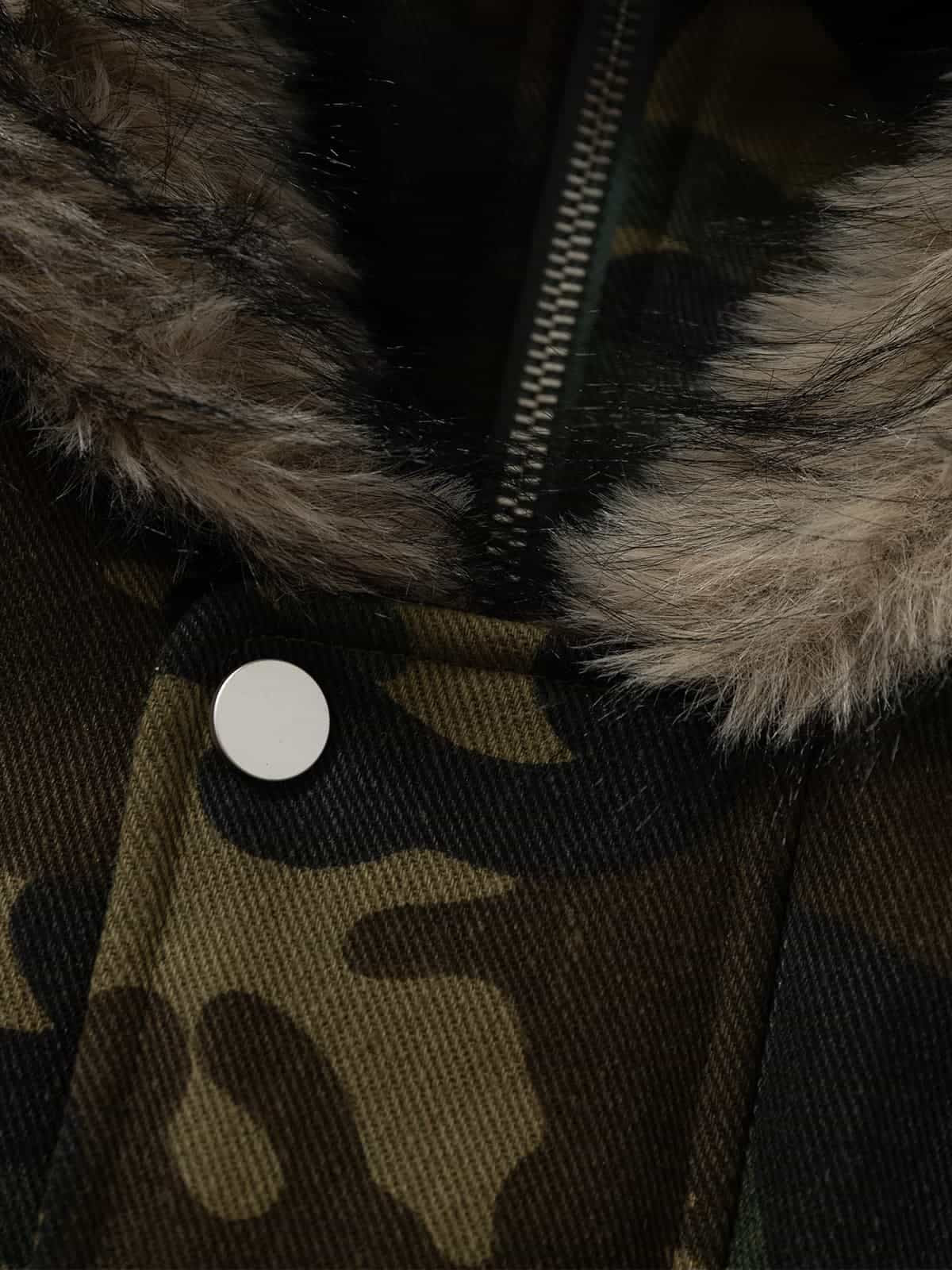 Vintage Camouflage Fur Collar Quilted Hooded Bomber Jacket