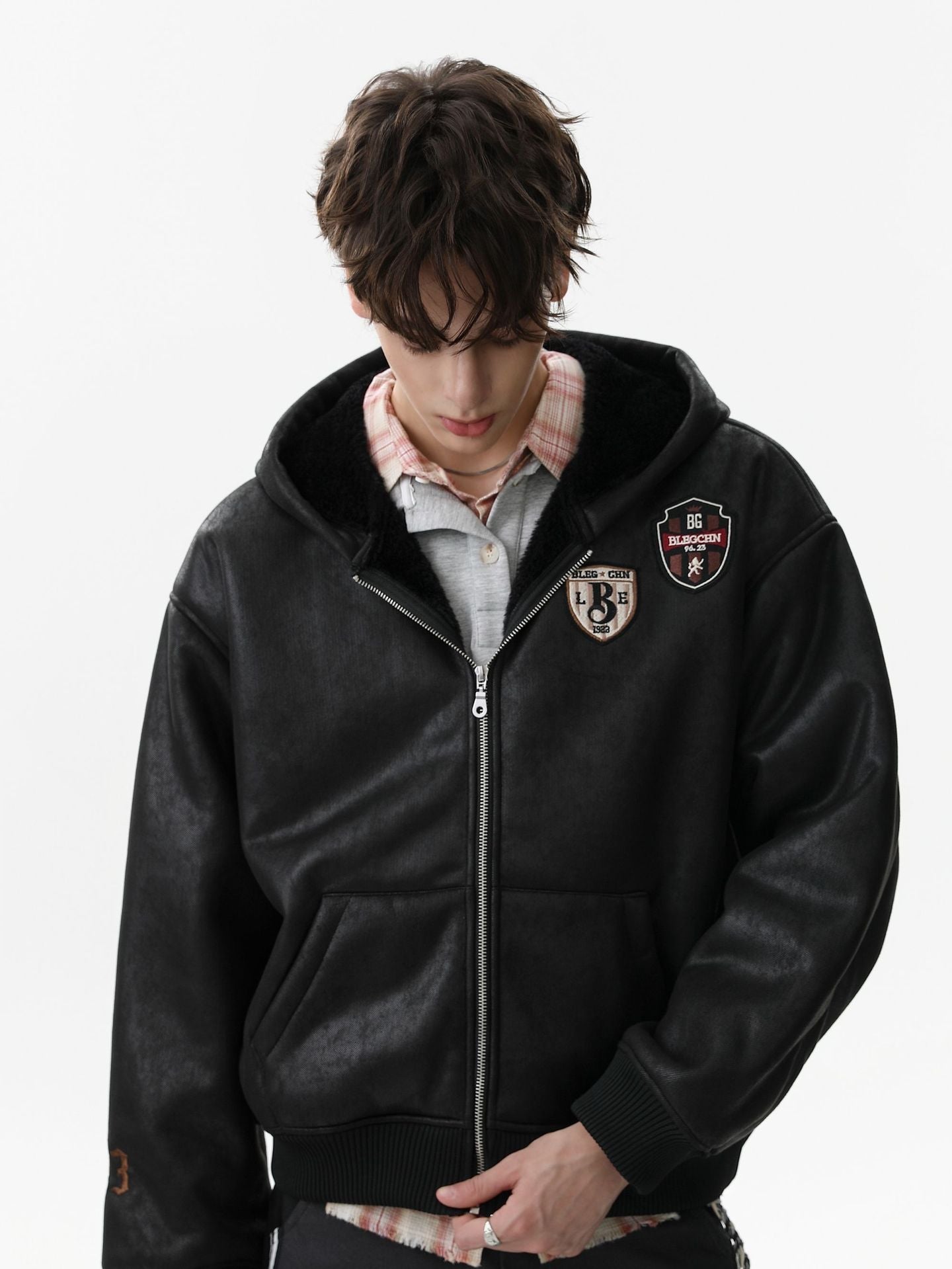 Vintage Leather Badge Fleece-lined Hooded Zip Bomber Jacket