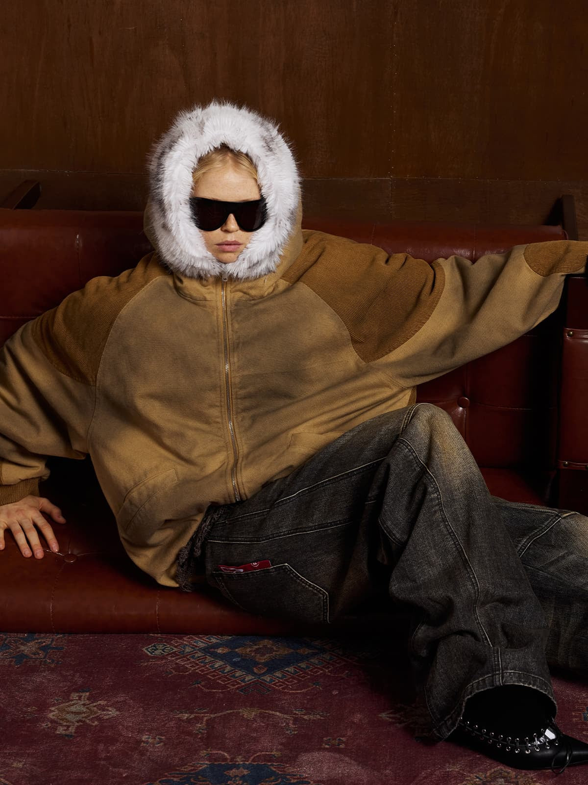 Street Vintage Fog-Dyed Fur Collar Patchwork Hooded Padded Jacket