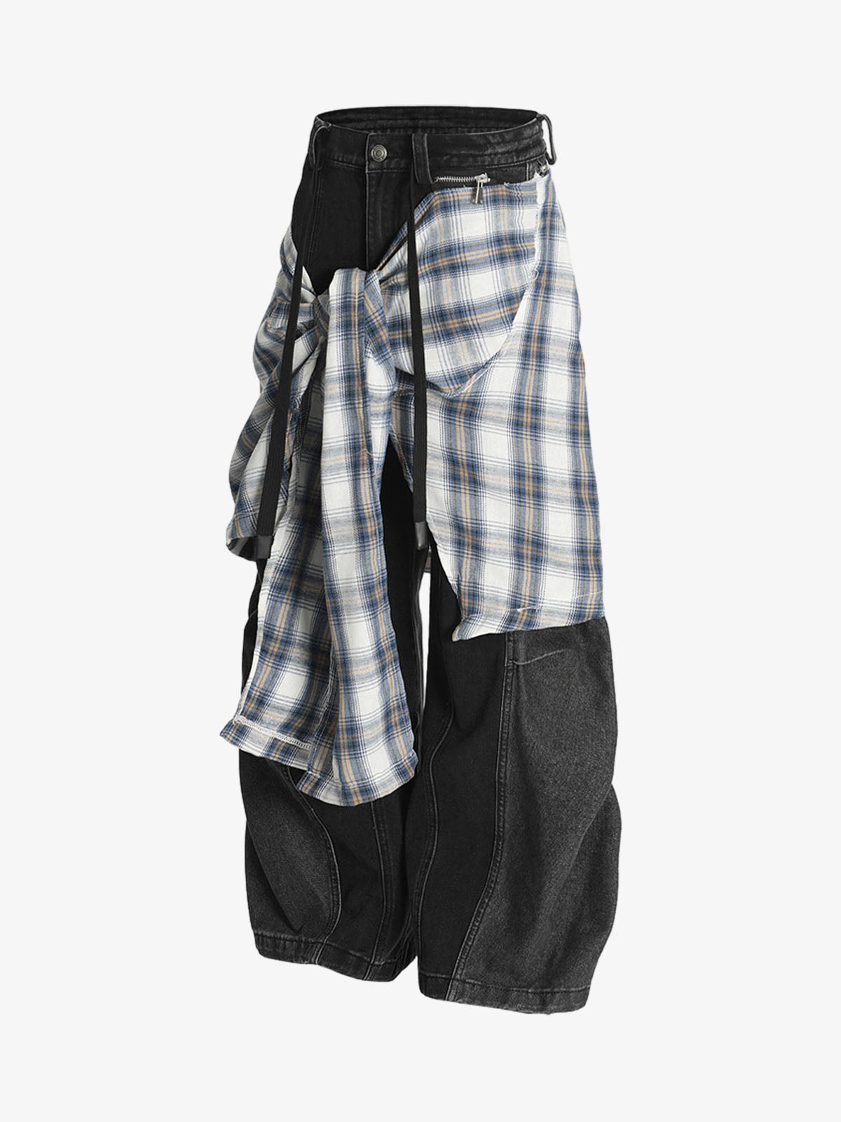 Denim Faux Two-piece Plaid Detachable Scimitar Jeans