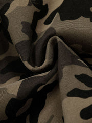 Camouflage Embroidery Patchwork Cardigan Fur Collar Hooded Sweatshirt