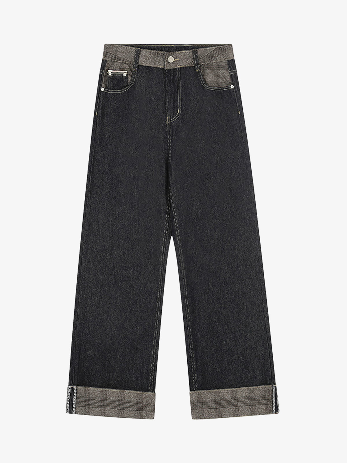 Denim Vintage Patchwork Plaid Cuffed Straight-Leg Jeans