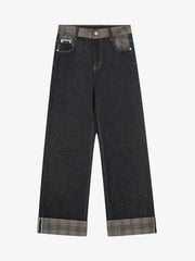 Denim Vintage Patchwork Plaid Cuffed Straight-Leg Jeans