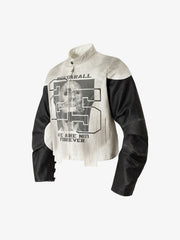Skull Print Paneled Stand-Up Collar Leather Jacket