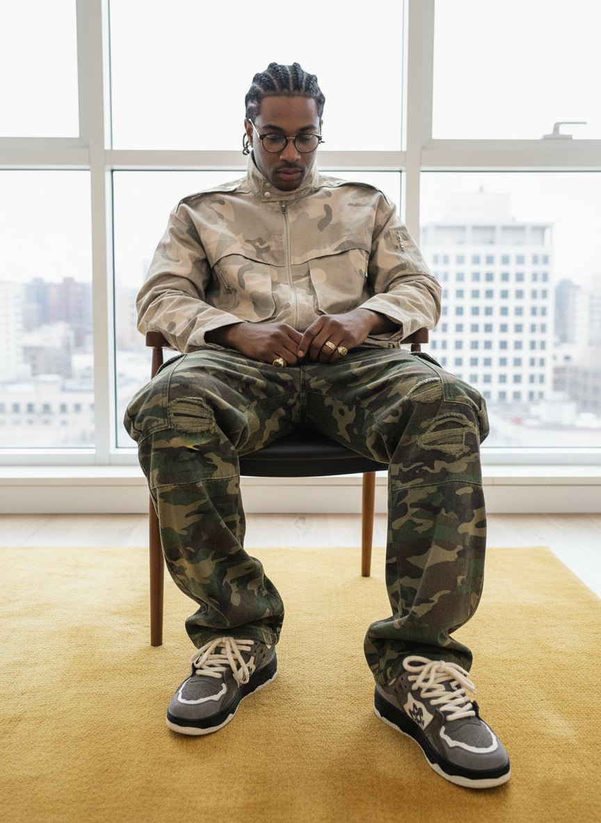 Woven Ripped Camouflage Flared Cargo Pants