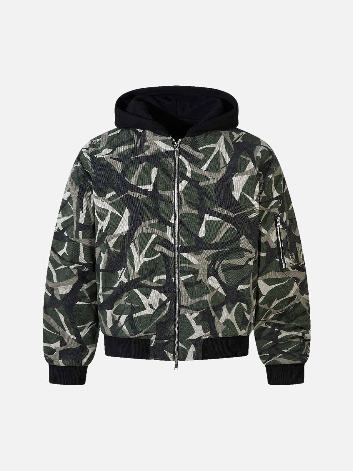 Camouflage Faux Two-Piece Hooded Bomber Jacket