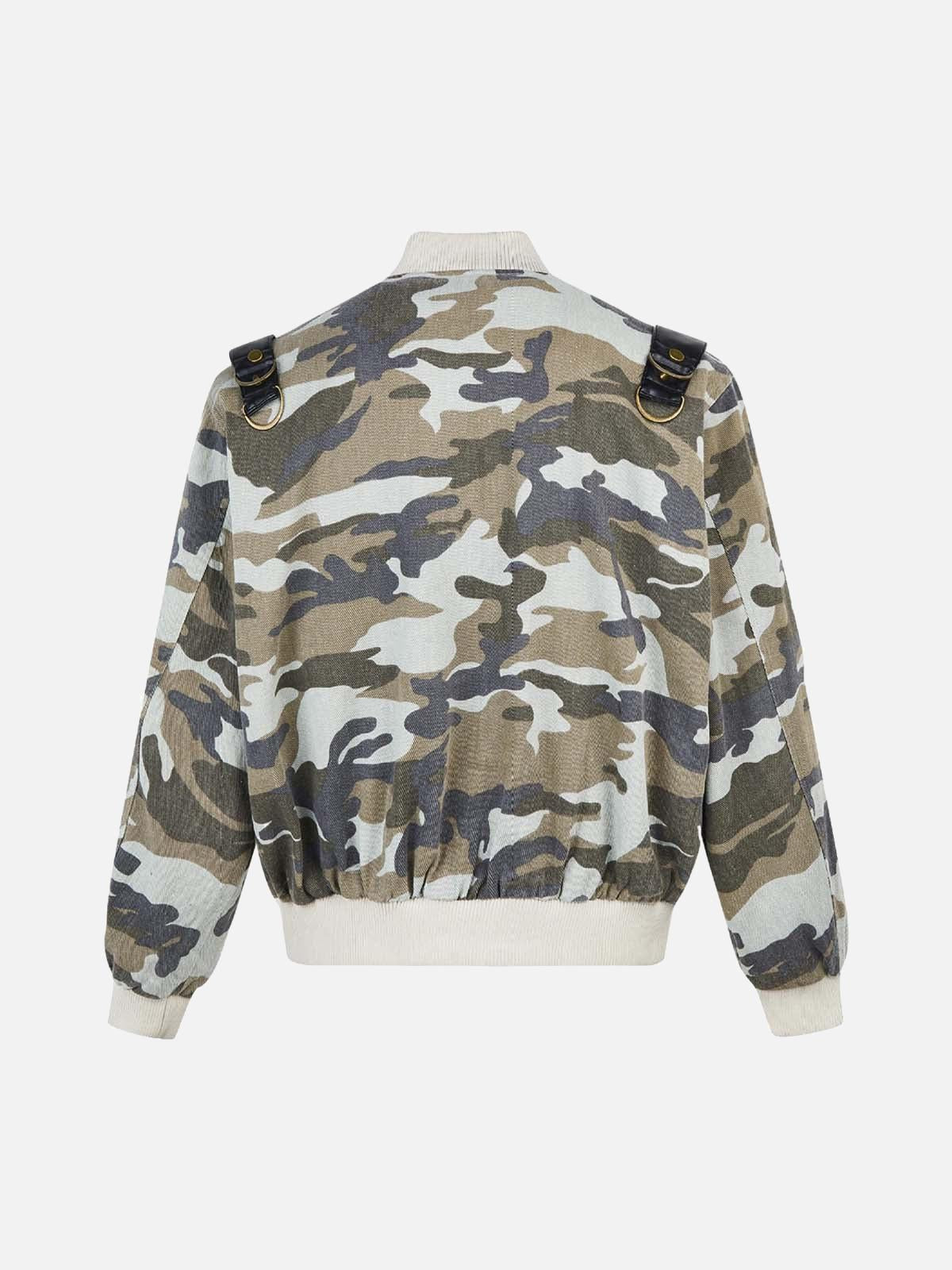 Camouflage Leather Shoulder Pad Denim Bomber Jacket