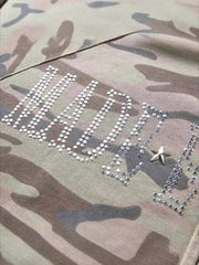 Camouflage Sequin Letter Pattern Zipper Hoodie