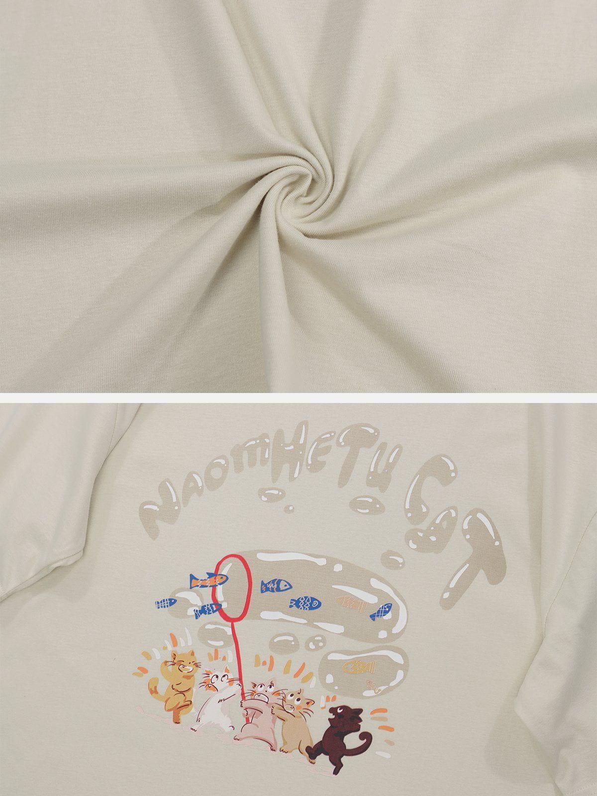 Cartoon Kitten Fishing Graphic Tee
