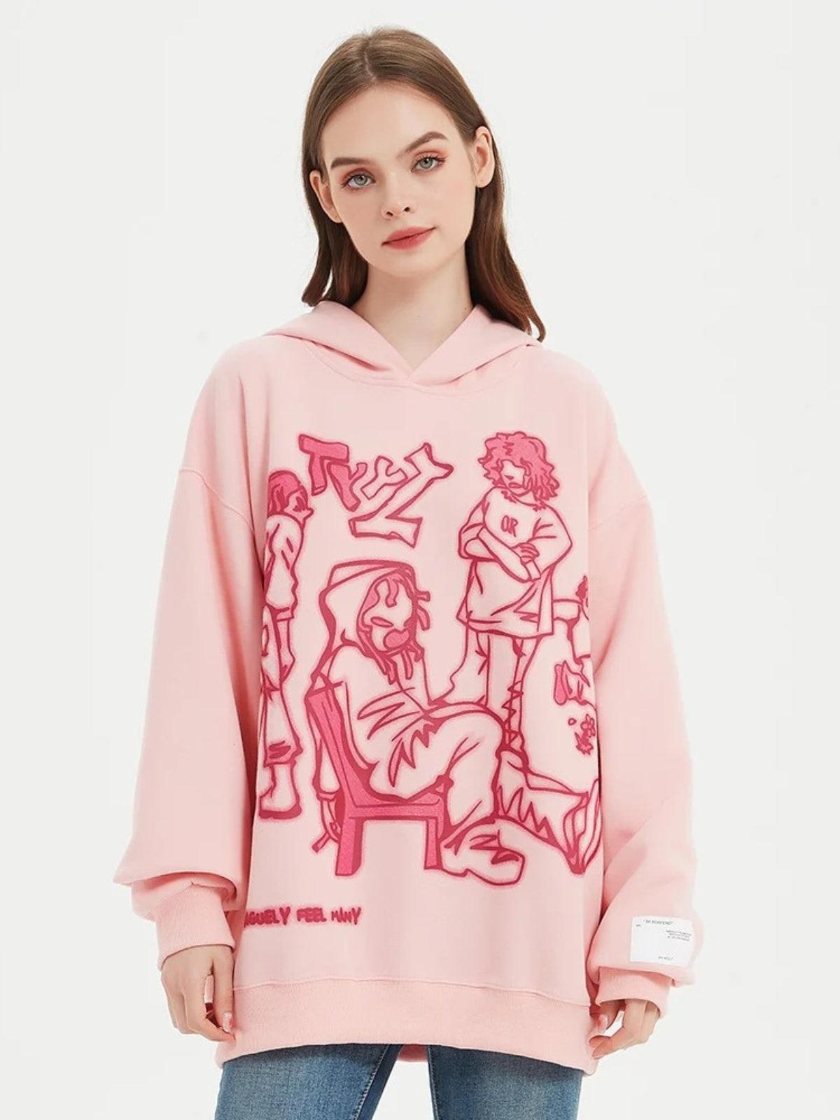Cartoon Line Character Print Hoodie