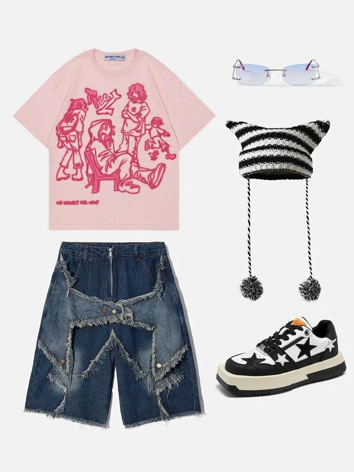 Cartoon Line Character Print Tee