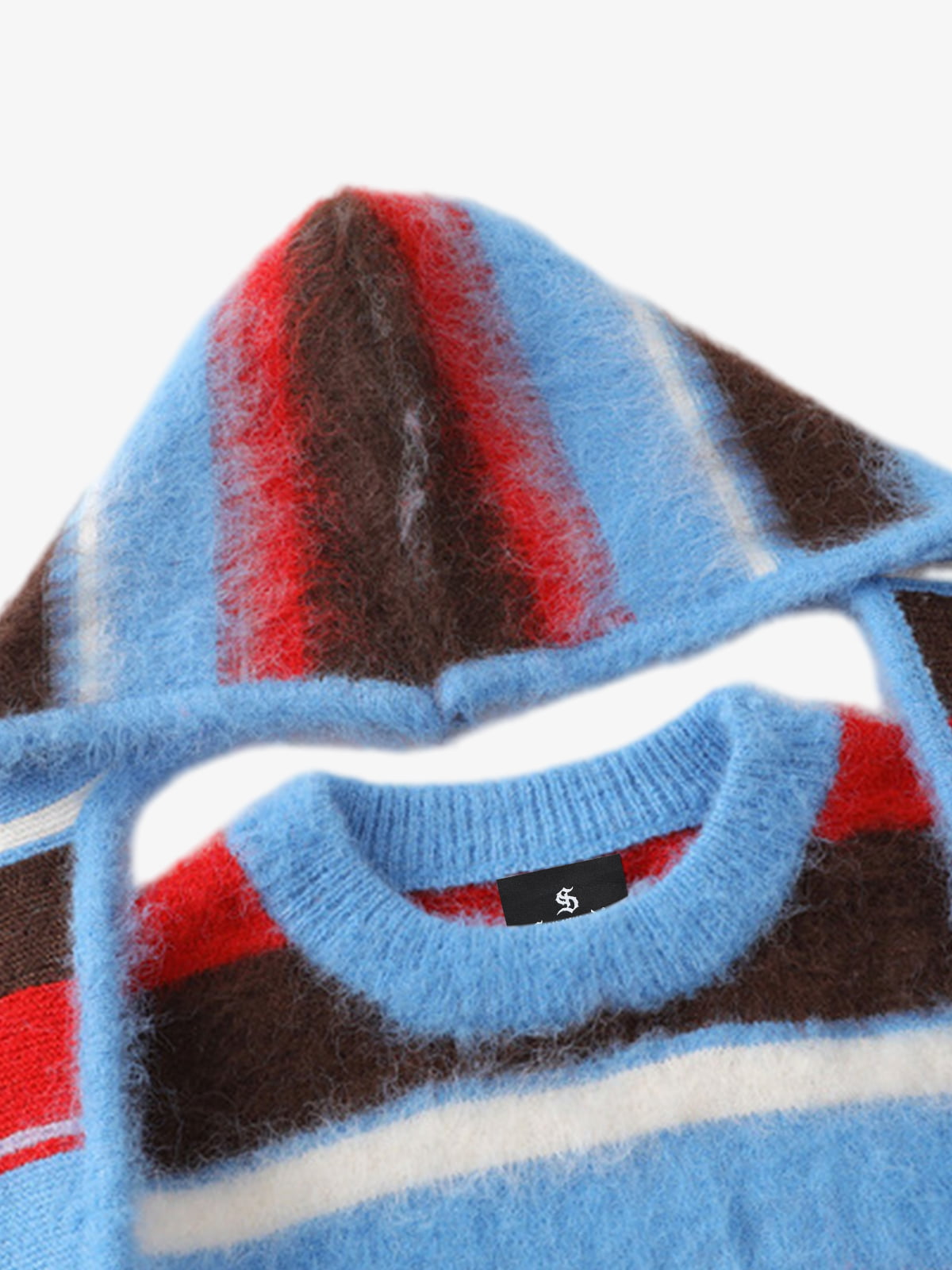 Detachable Hood Contrast Striped Mohair Pullover Sweater