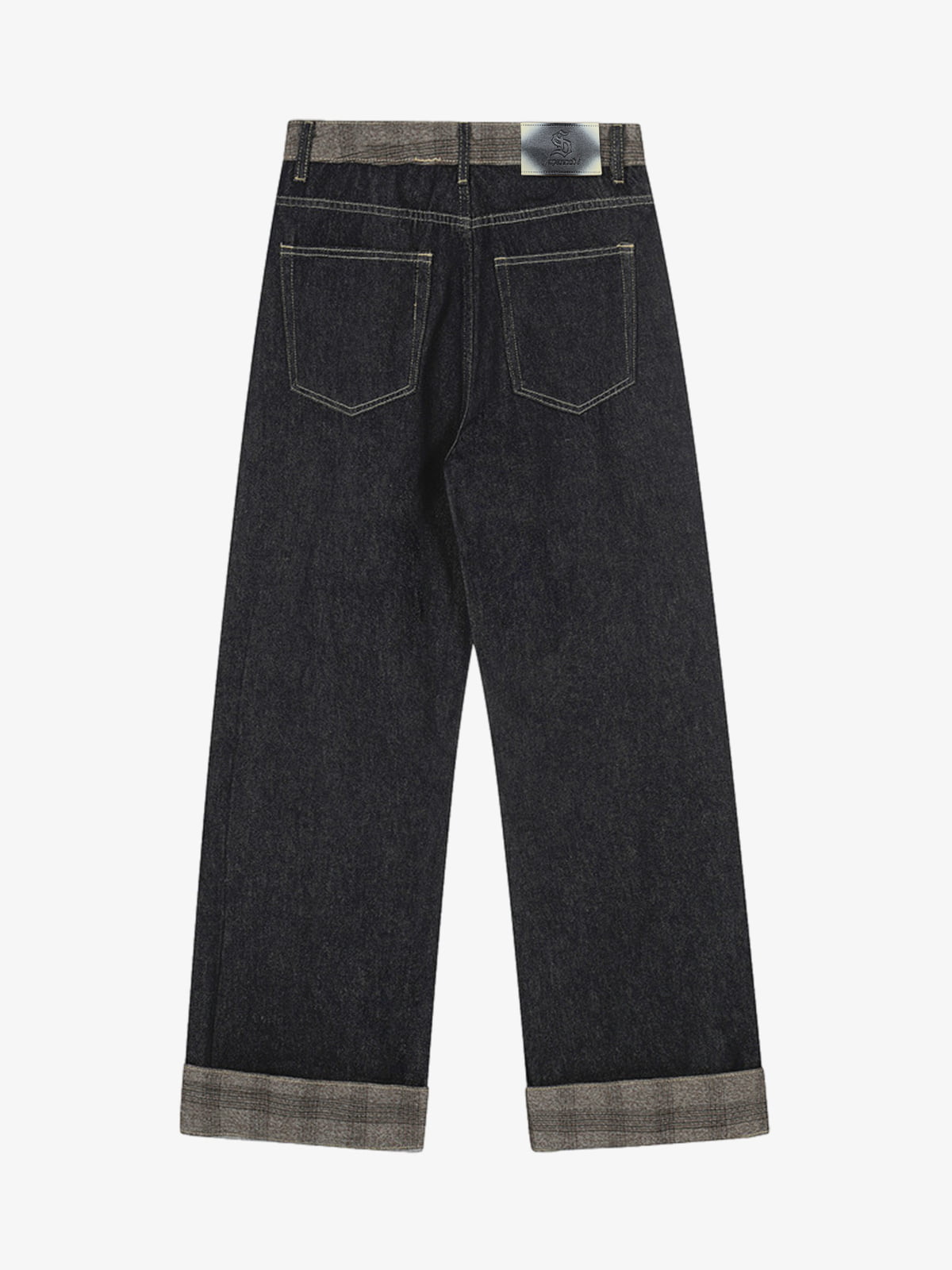 Denim Vintage Patchwork Plaid Cuffed Straight-Leg Jeans