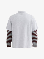 Jersey Waffle Faux Two-Piece Lapel Collar Striped Sweatshirt