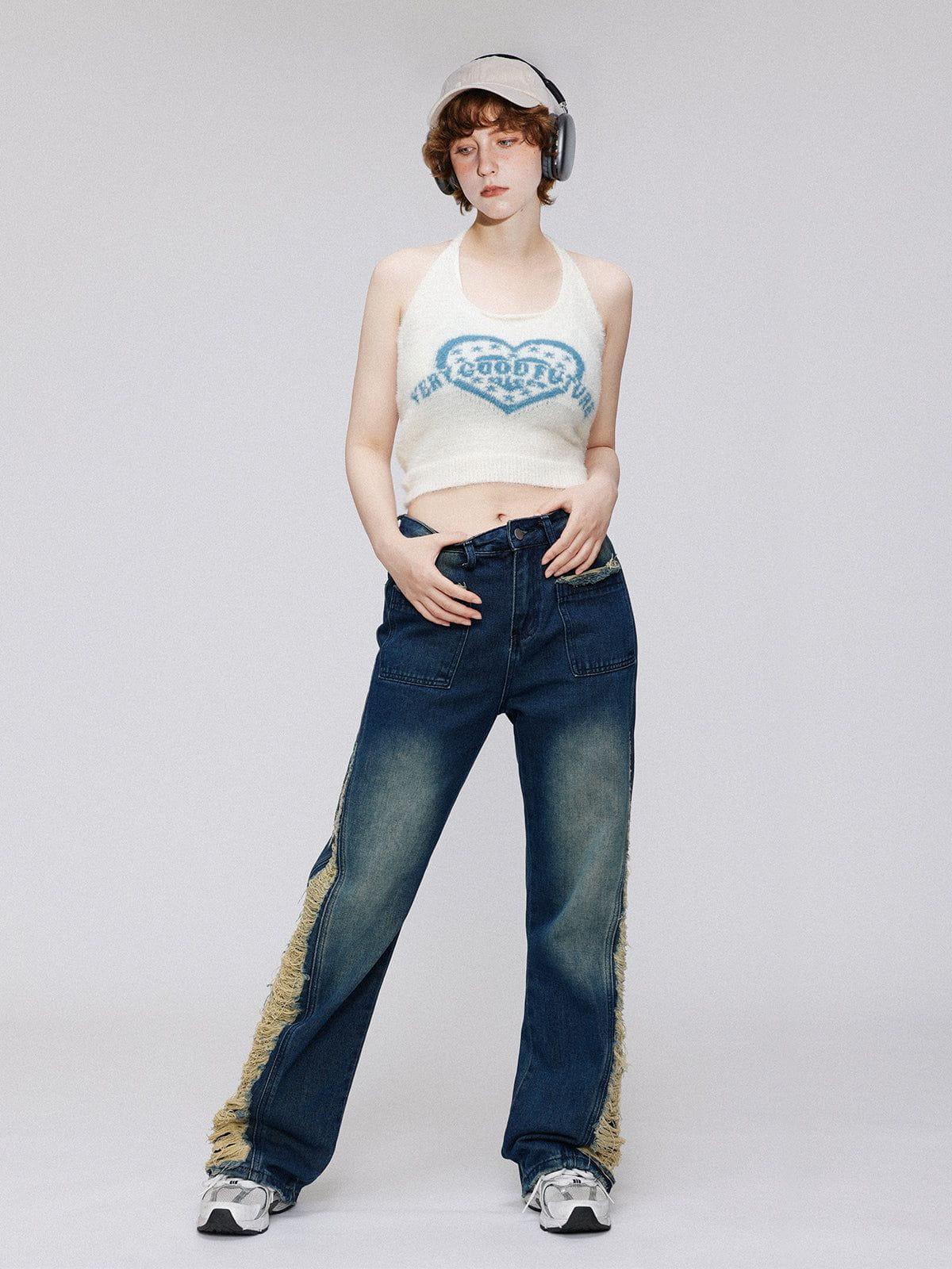 Colorblock Side Embroidery Jeans