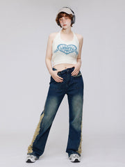 Colorblock Side Embroidery Jeans