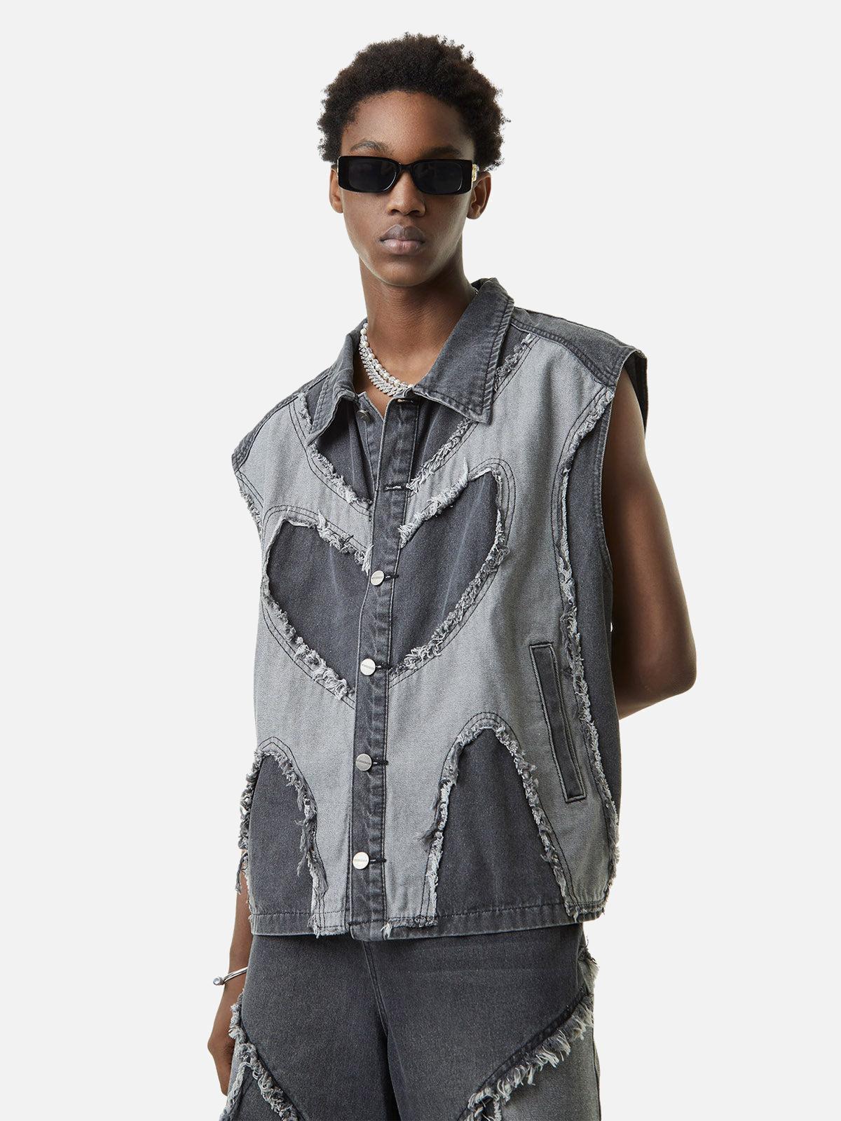 Contrast Denim Heart Stitching Street Rap Vest