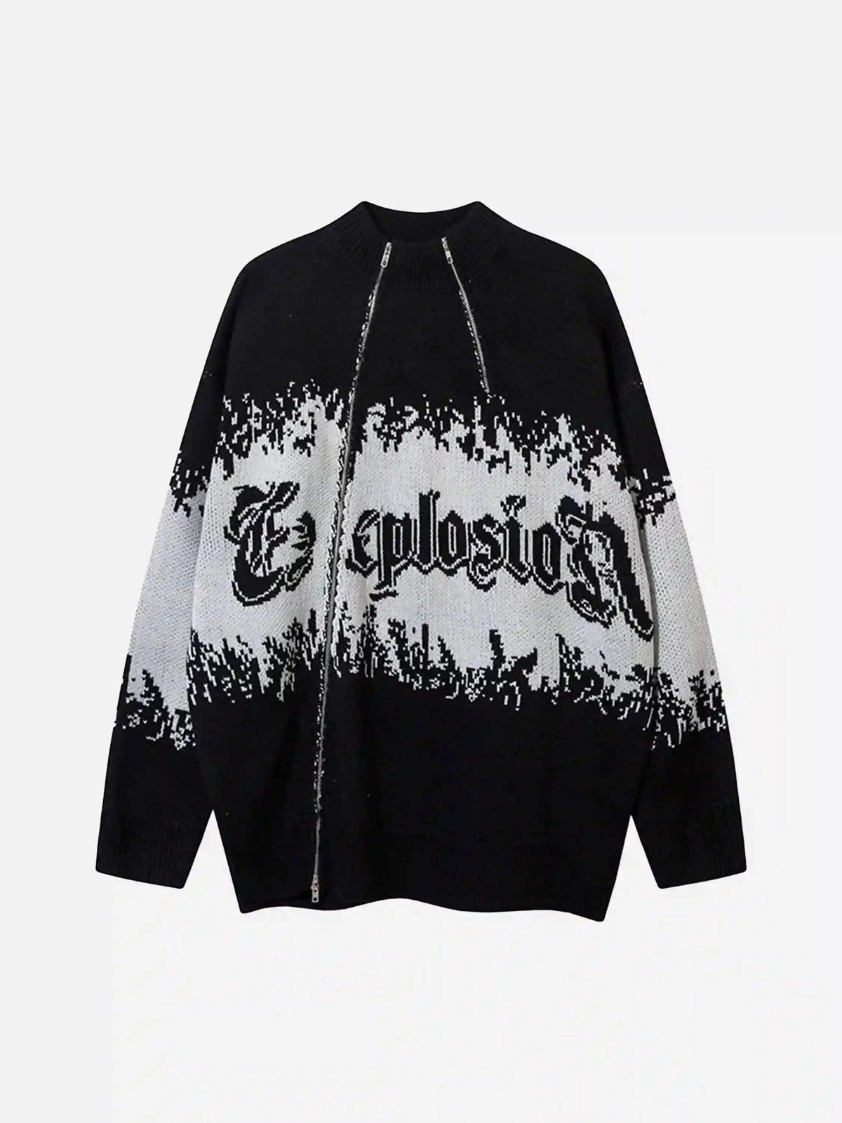 Asymmetric Jacquard Stitching With Two-Way Zipper Sweater