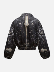 Cross Printed Zip Up Quilted Bomber Jacket
