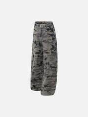 Curved Leg Paneled Camouflage Cargo Pants
