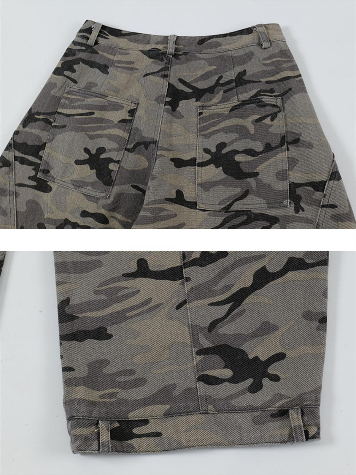 Curved Leg Paneled Camouflage Cargo Pants