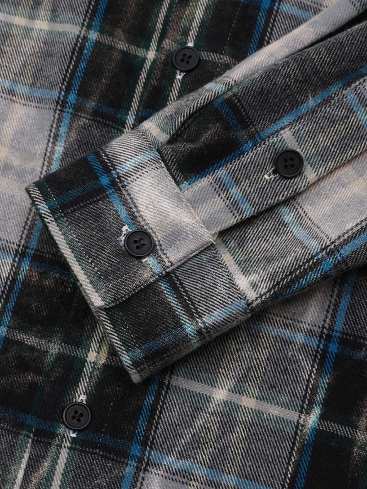 Street Washed Distressed Plaid Letter Print Long-Sleeve Shirt