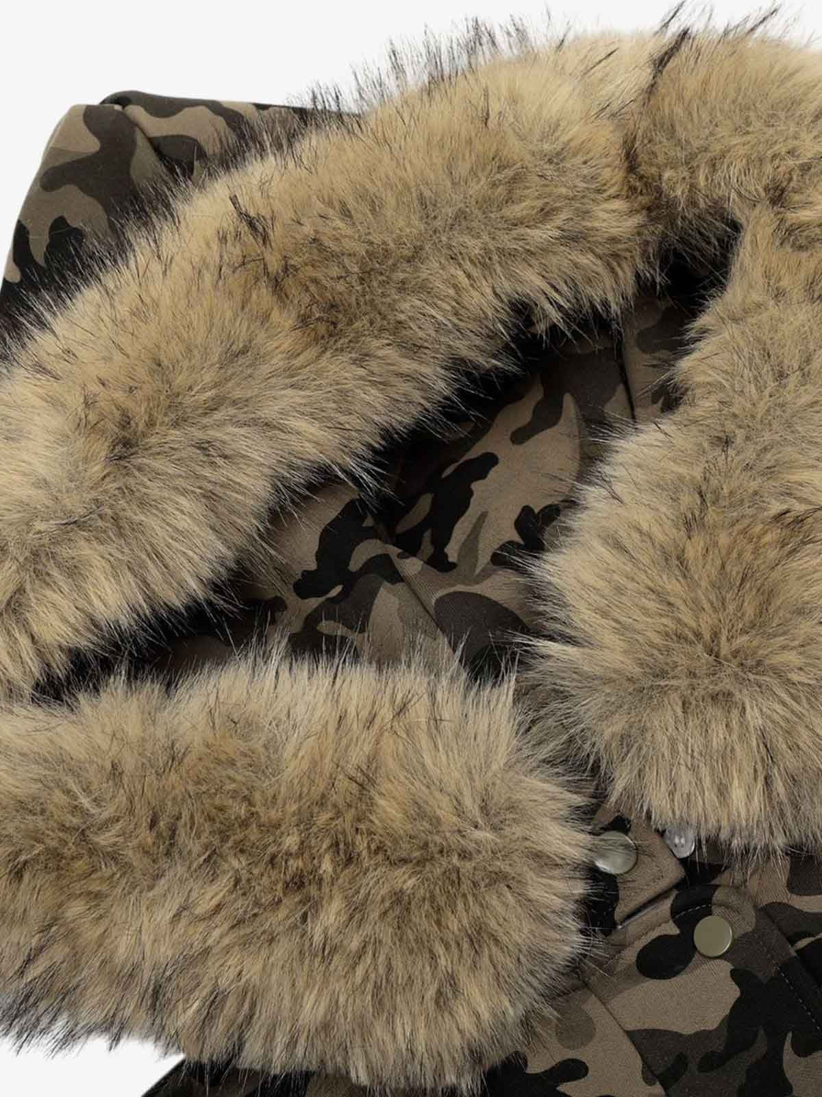 Camouflage Embroidery Patchwork Cardigan Fur Collar Hooded Sweatshirt