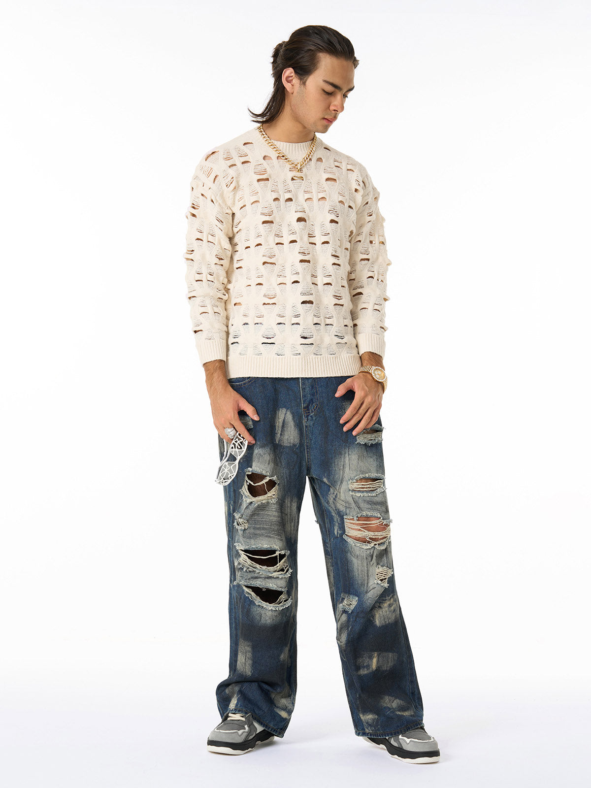 Ripped Openwork Crewneck Sweater