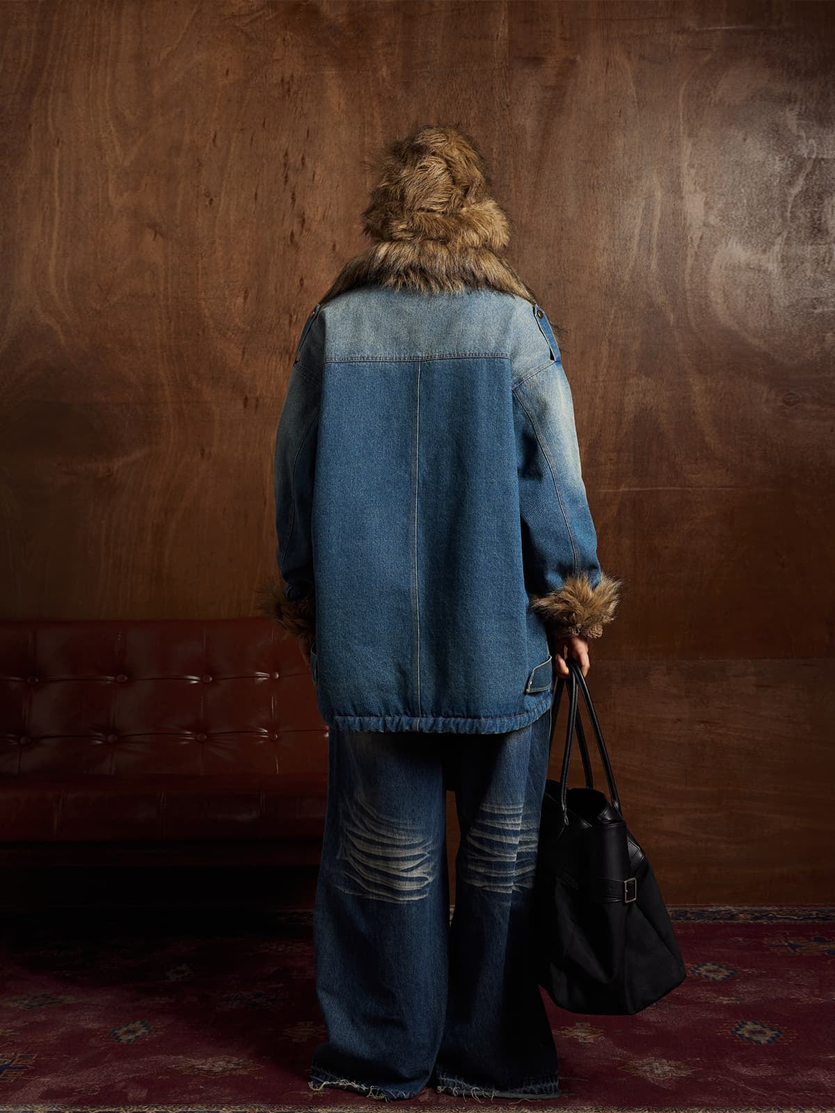 Street Retro Fur Patchwork Washed Denim Cotton Jacket