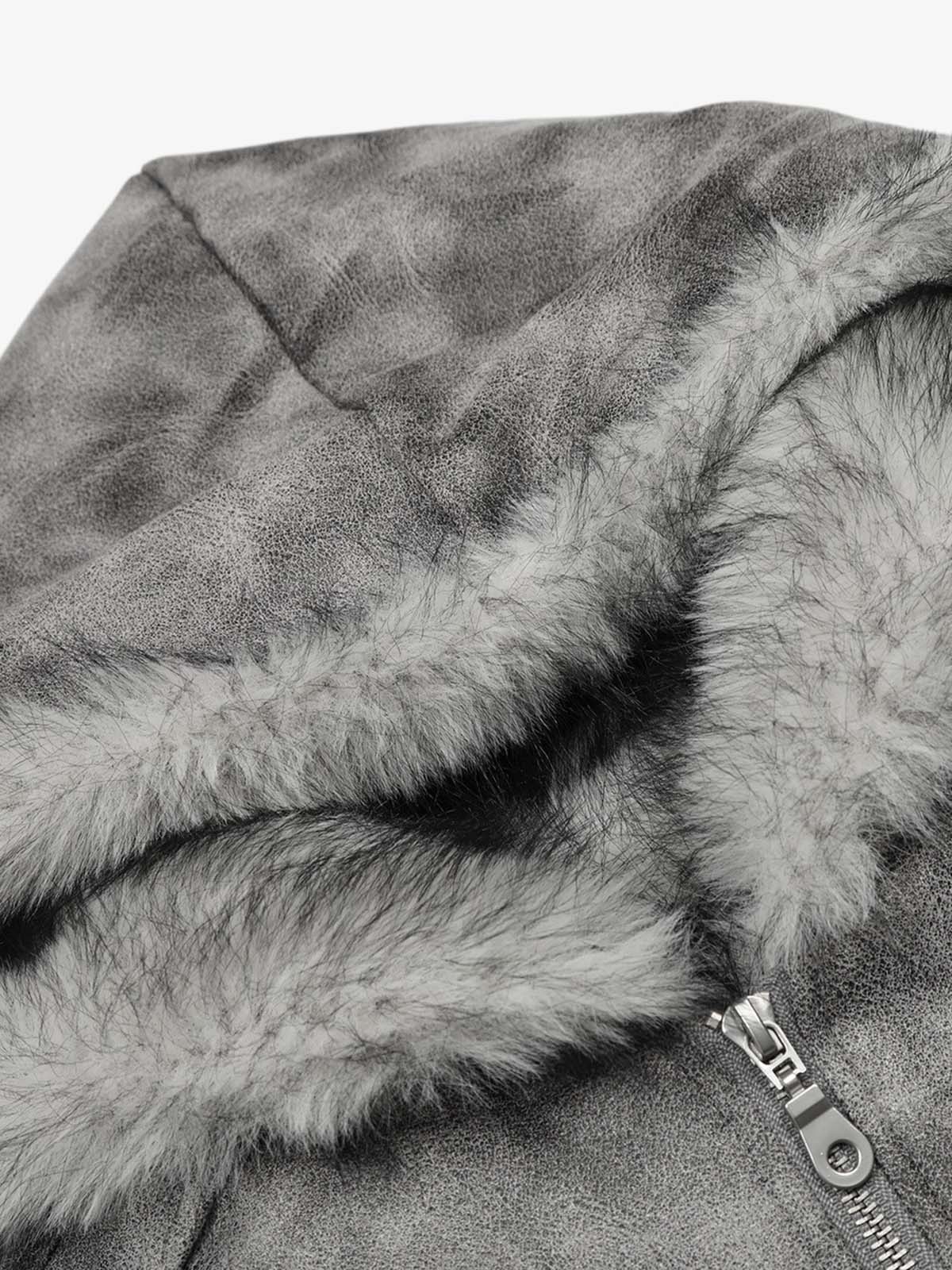Faux Suede Vintage Wash Fur Hood Padded Jacket