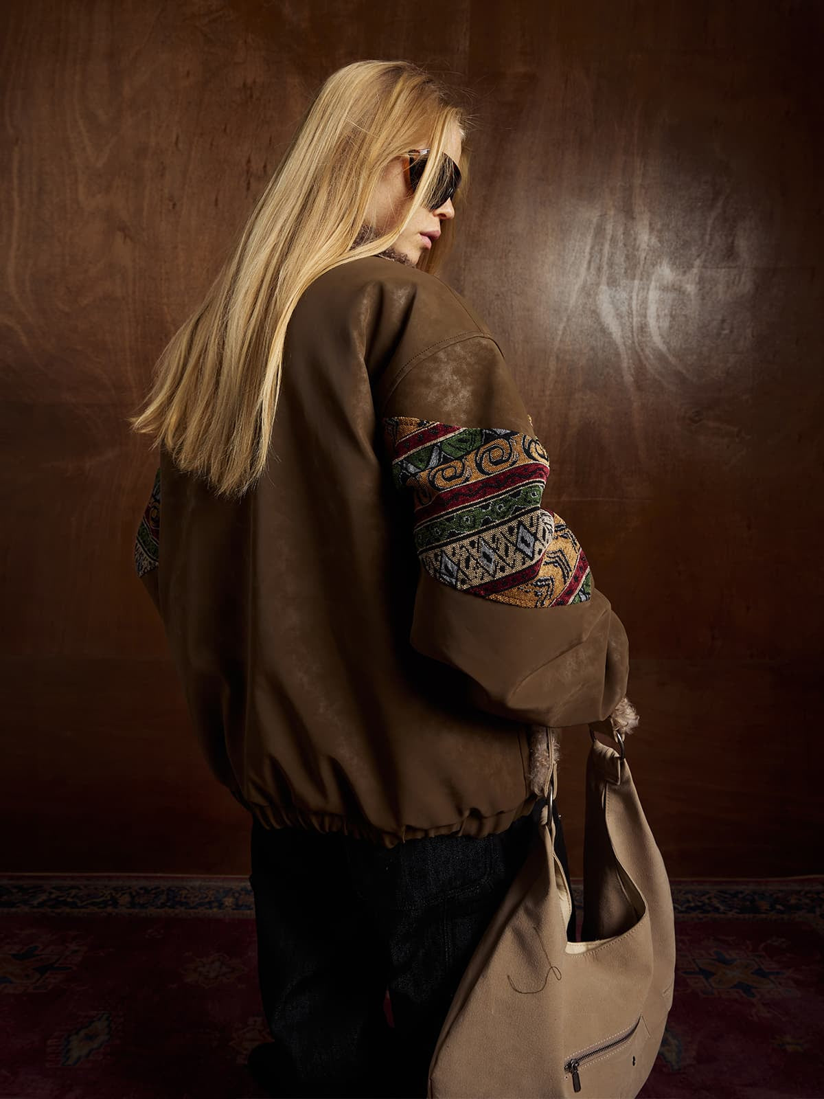 Vintage Leather and Sherpa Patchwork Webbing Cotton Jacket