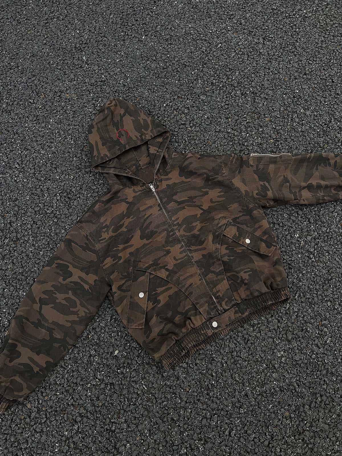 Deconstructed Camouflage Workwear Cardigan Hooded Jacket