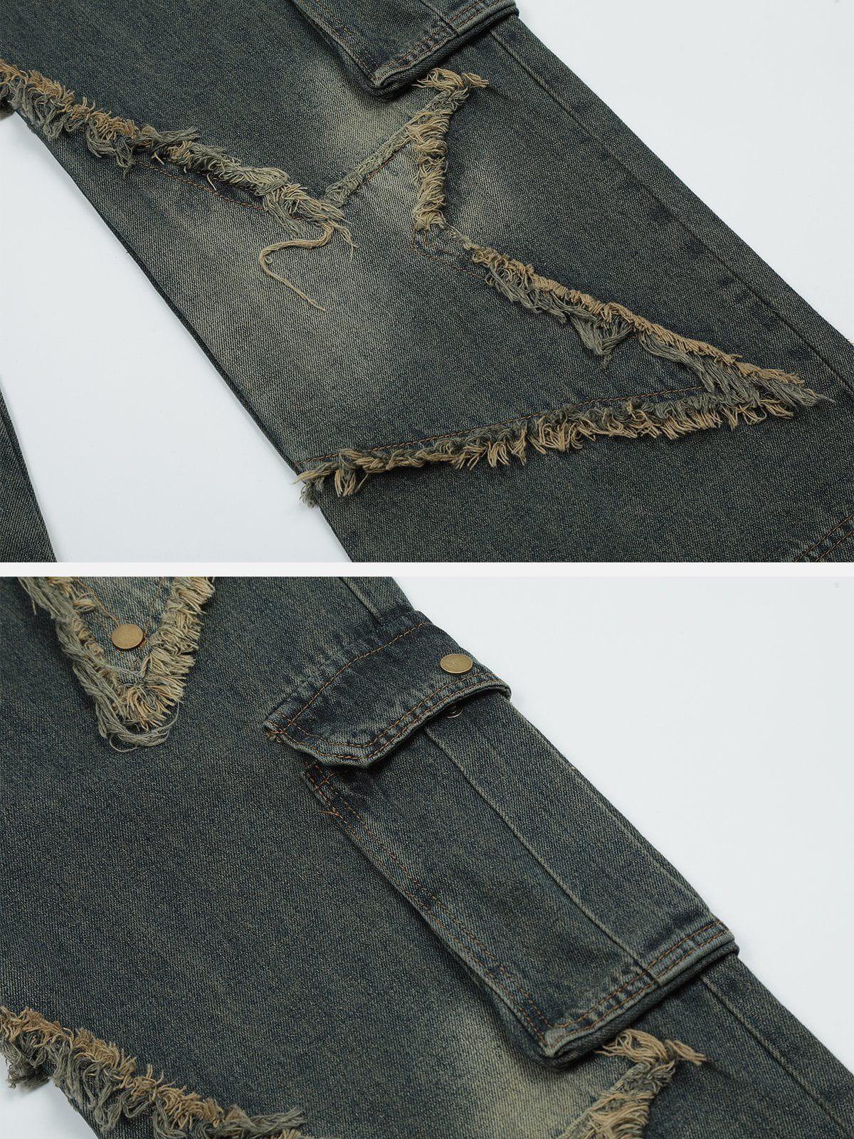 Distressed Effect Patchwork Star Denim Jeans