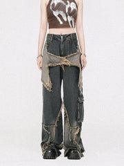 Distressed Effect Patchwork Star Denim Jeans