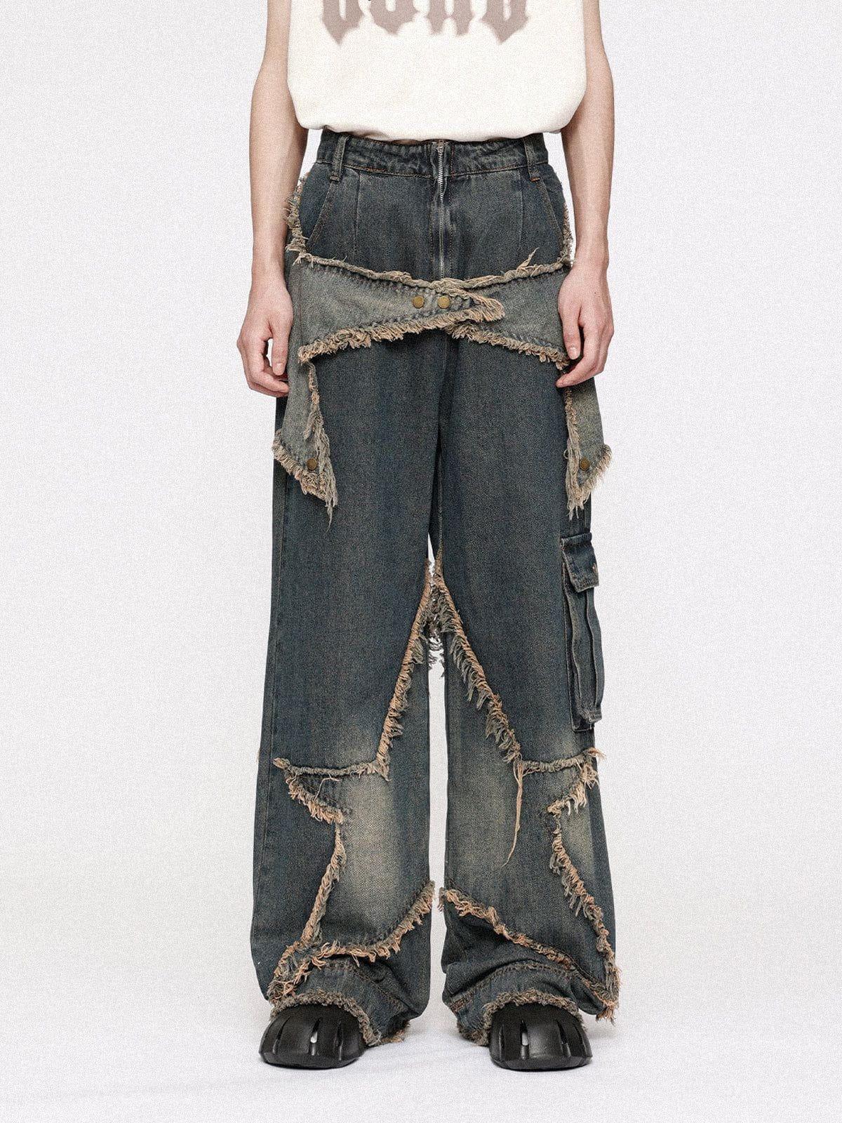 Distressed Effect Patchwork Star Denim Jeans