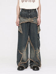Distressed Effect Patchwork Star Denim Jeans