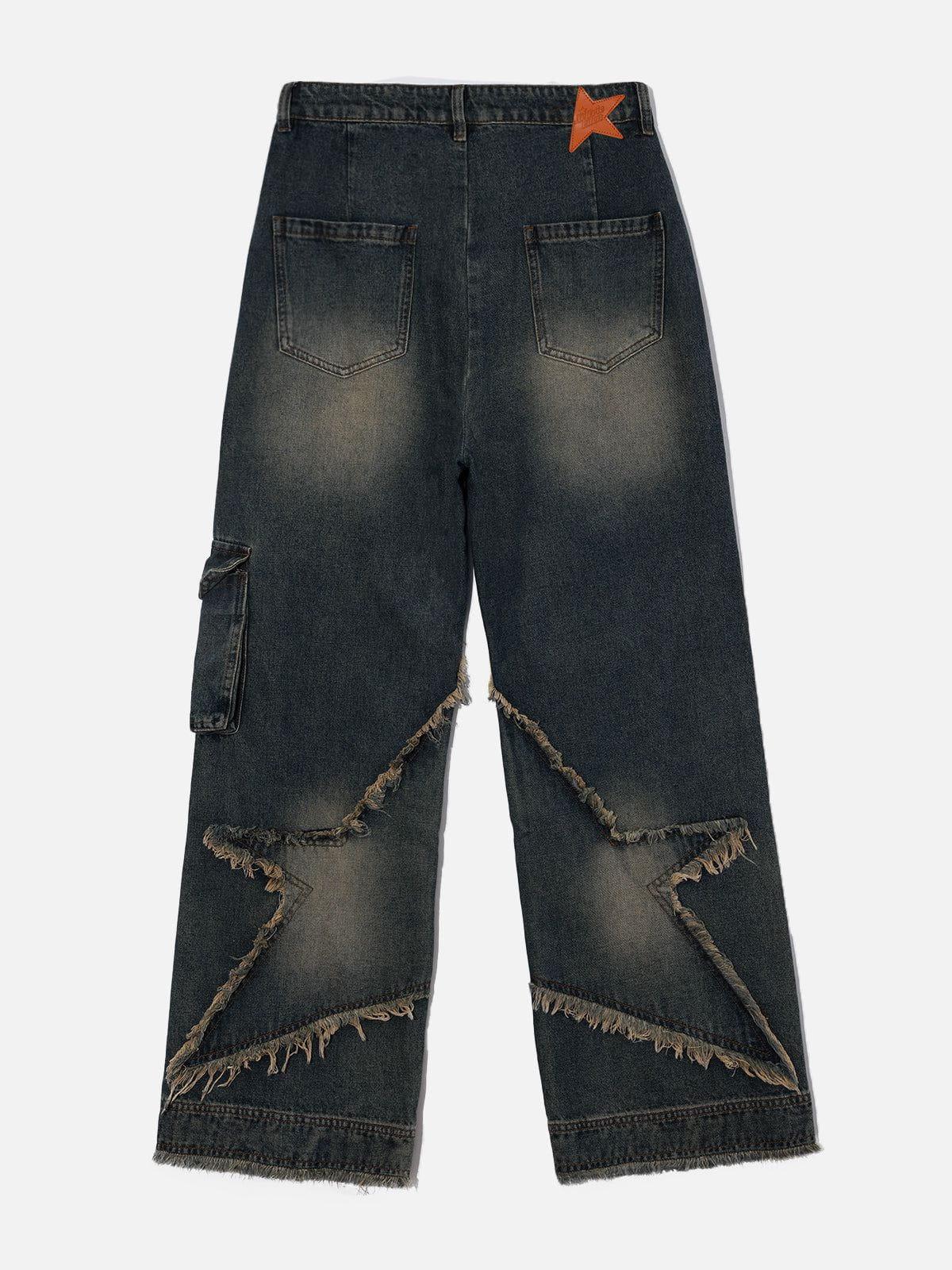 Distressed Effect Patchwork Star Denim Jeans