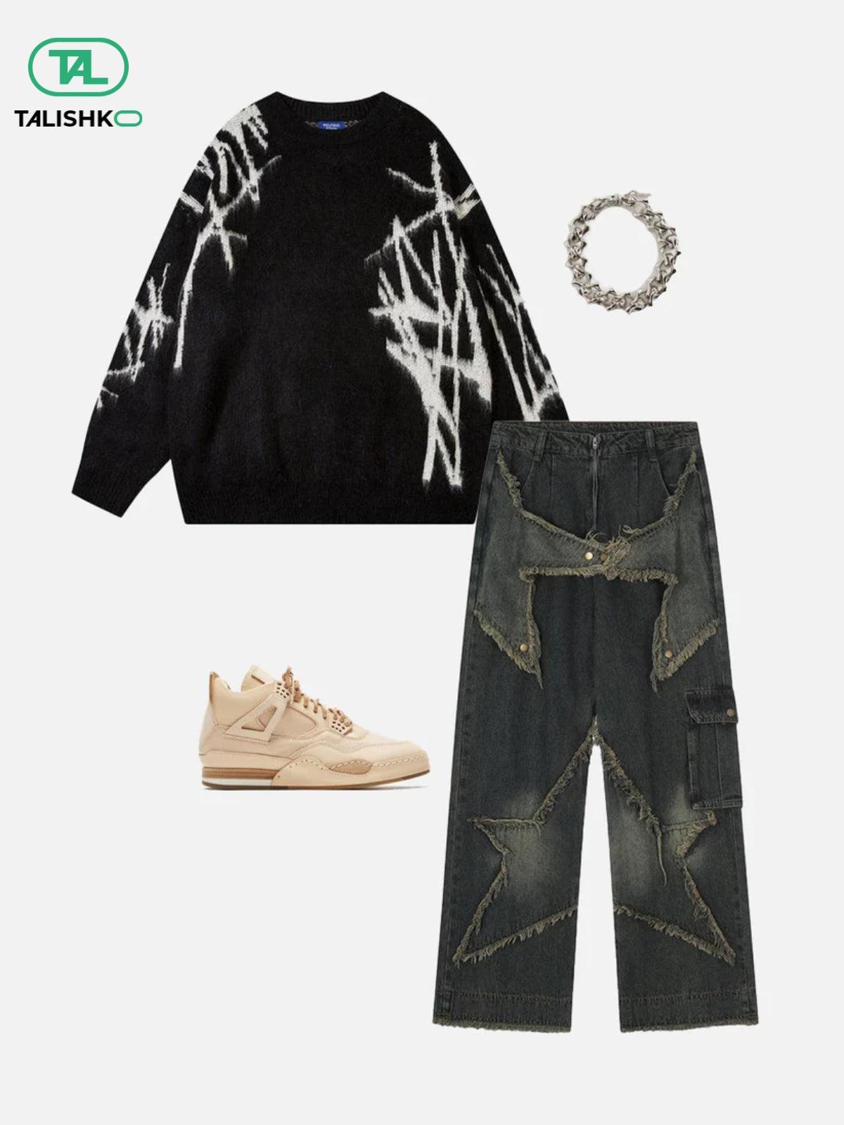 Distressed Effect Patchwork Star Denim Jeans