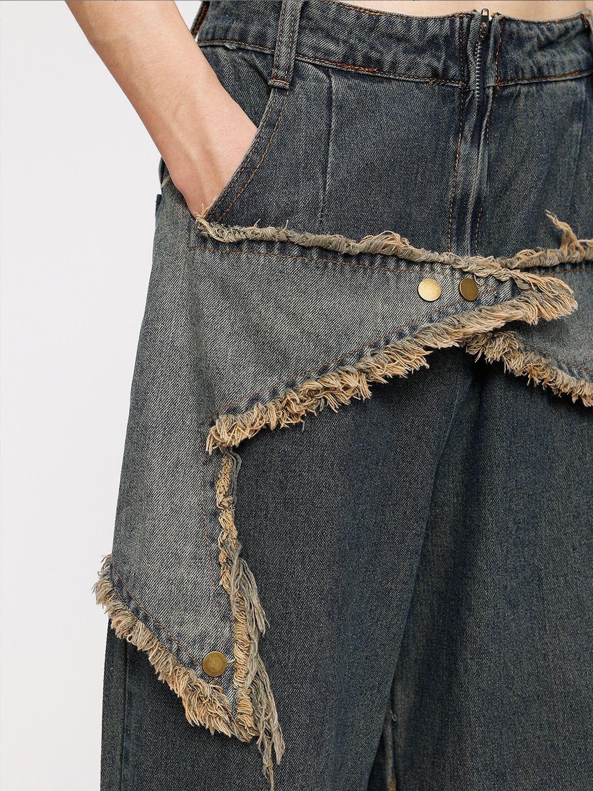 Distressed Effect Patchwork Star Denim Jeans