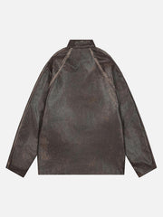 Distressed Letter Embroidery Motorcycle PU Leather Jacket