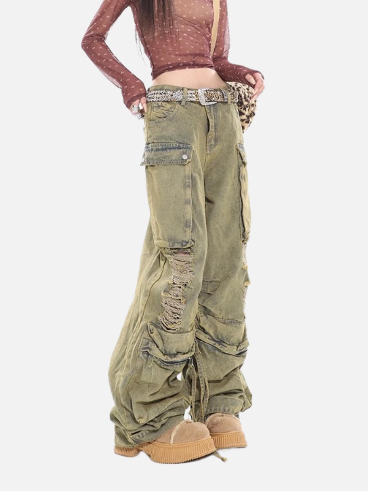 Distressed Multi Pocket Loose Jeans