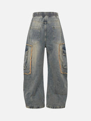 Distressed Raw Edge Cargo Drawstring Barrel Jeans