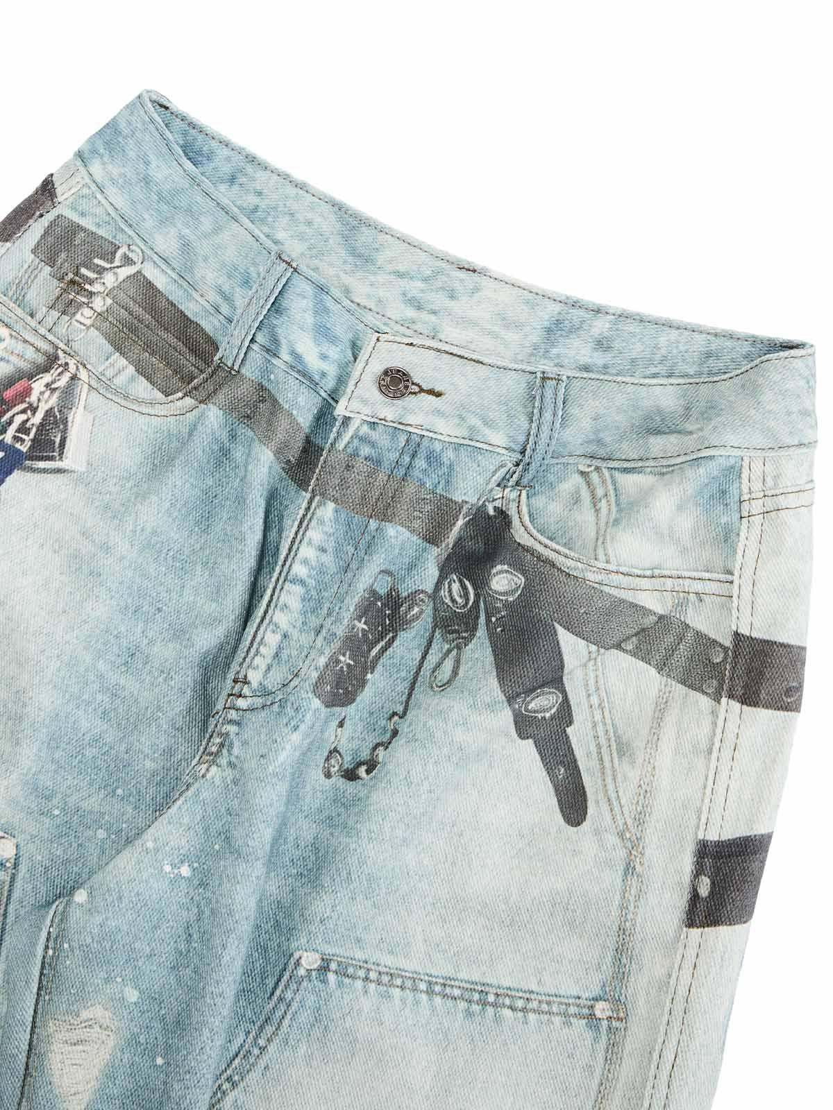 Distressed Washed Ink-Splashed Chain Print Baggy Jeans