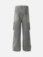 Distressed Washed Multi-Pocket Cargo Jeans