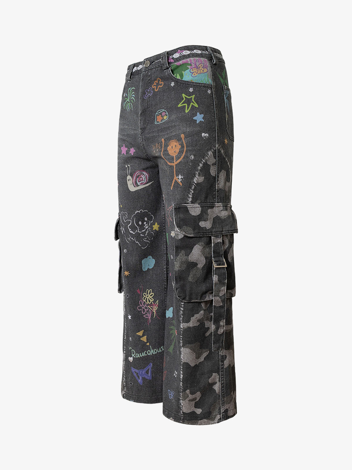 Graffiti Print Cold Transfer Camouflage Layered Cargo Jeans